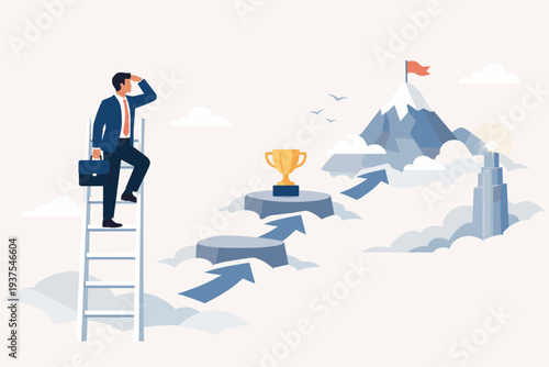Businessman on ladder looking at mountain peak with flag and trophy, representing career growth, ambition, business achievement, reaching higher targets, and vision for future success concept.