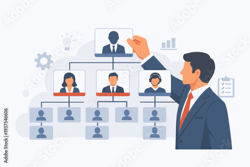 Businessman organizing a company organizational chart hierarchy. CEO or executive manager building a professional team structure with roles and responsibilities. Corporate leadership concept.