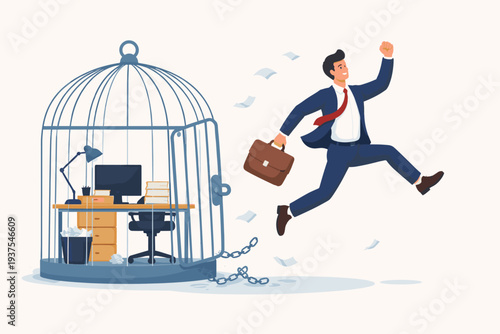 Happy Businessman Jumping Out of a Birdcage Office to Break Free from Toxic Work, Career Change, Resignation, and Starting a New Business Journey, Concept of Freedom and Work-Life Balance