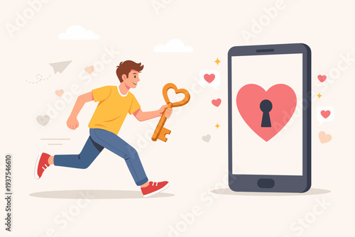 Young Man Running with a Heart-Shaped Key Towards a Smartphone with a Heart Lock, Concept of Online Dating Apps, Finding Romantic Relationships via Social Media and Digital Technology Vector Art.