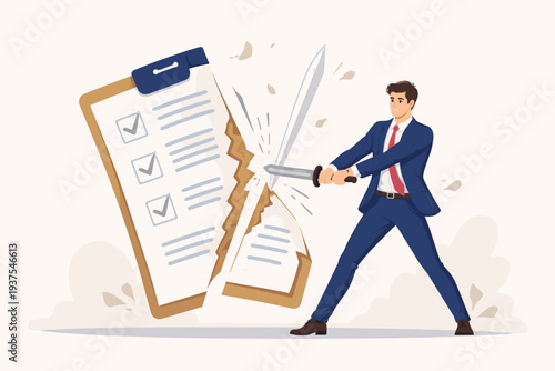 Professional businessman using a sword to slice through a giant contract clipboard, representing legal agreement termination, breaking a signed deal, partnership cancellation, and freedom.