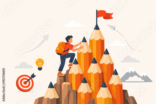 Creative professional or student climbing a mountain of pencils to reach a red flag, symbolizing business goal achievement, motivation, inspiration, education success, leadership, and ambition.