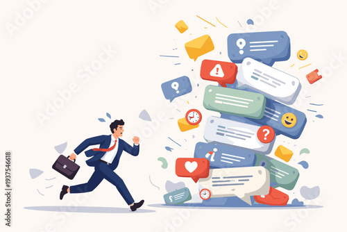 Stressed Businessman Running Away from a Massive Pile of Digital Notifications and Speech Bubbles, Concept of Information Overload, Communication Stress, Email Spam, and Overwhelming Workload.