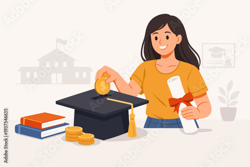 Young Woman Saving Money for College Education Fund, Putting Gold Coins into Graduation Cap Piggy Bank, Concept of University Tuition Fees, School Study Costs, Scholarship and Academic Investment