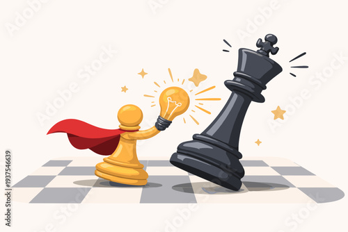 Business Strategy Concept of a Small Gold Pawn with a Red Cape Defeating a Large Black King Using a Glowing Lightbulb Idea as a Secret Weapon to Win Competition and Achieve Success in the Market.