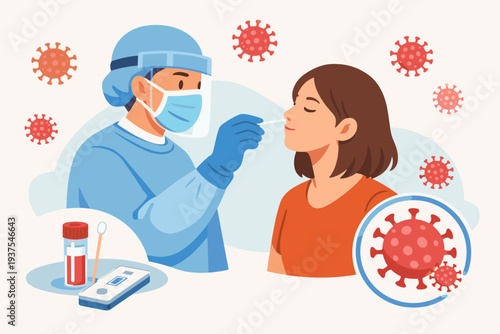Medical Worker in PPE Suit Taking Nasal Swab Sample from a Woman for Coronavirus Diagnosis, COVID-19 Testing Procedure with Virus Particles and Rapid Antigen Test Kit Vector Illustration.