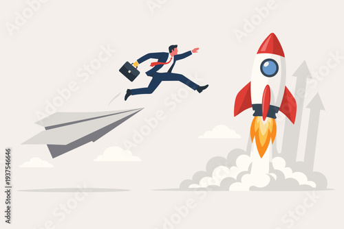 Businessman jumping from a paper plane to a powerful rocket launch, representing career change, business innovation, professional growth, startup success, and moving to a better company path.
