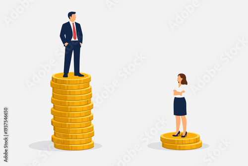 Gender Pay Gap Concept with Businessman Standing on Tall Stack of Gold Coins and Businesswoman on Short Stack, Illustrating Income Inequality, Wage Disparity, and Workplace Gender Discrimination.