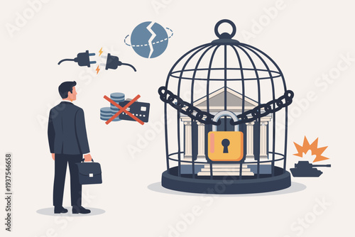 Financial Sanctions and Economic Isolation Concept with Bank Building Locked in Cage, Disconnected SWIFT Network, Frozen Assets, and War Impact on International Money Transfers and Global Economy.