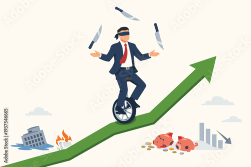 Blindfolded businessman juggling knives on a unicycle atop a rising arrow, symbolizing high-risk investment, financial management, and business growth opportunities during an economic crisis.