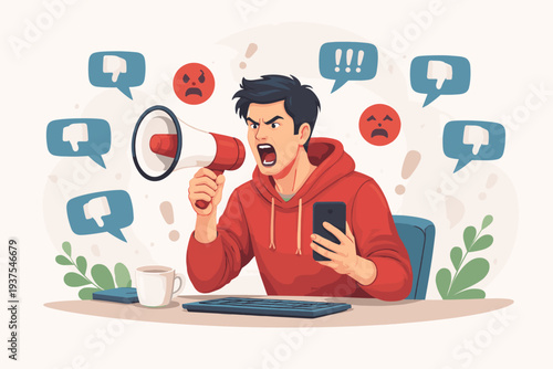 Angry Man Shouting into Megaphone with Smartphone and Keyboard, Cyberbullying Concept with Negative Feedback, Dislike Icons, Social Media Hate, Online Harassment and Toxic Behavior Vector Art