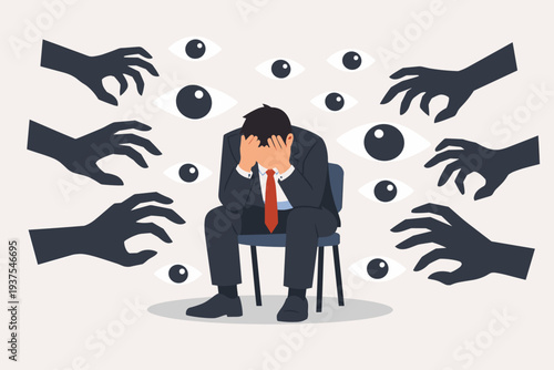 Businessman suffering from paranoia, fear, and panic caused by mental health phobia or disorder. Man feeling watched by many eyes and reaching hands, representing social anxiety and depression.