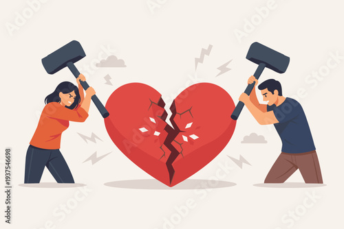 Couple Destroying a Large Red Heart with Sledgehammers, Representing Divorce, Relationship Conflict, Heartbreak, and Emotional Pain in a Broken Marriage or Domestic Violence Concept Illustration.