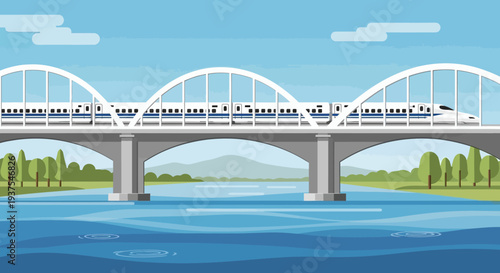 High-speed train crossing a modern bridge over river
