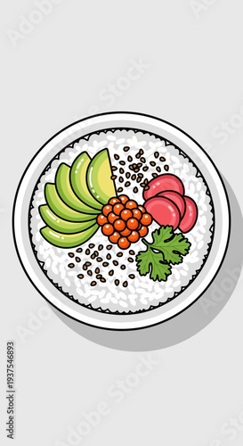 Healthy Poke Bowl with Avocado and Salmon Roe