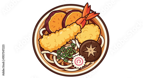 Udon Noodle Soup with Shrimp Tempura and Vegetables