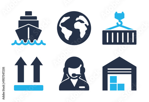 Logistics and Global Shipping icon set. Solid glyph series icons