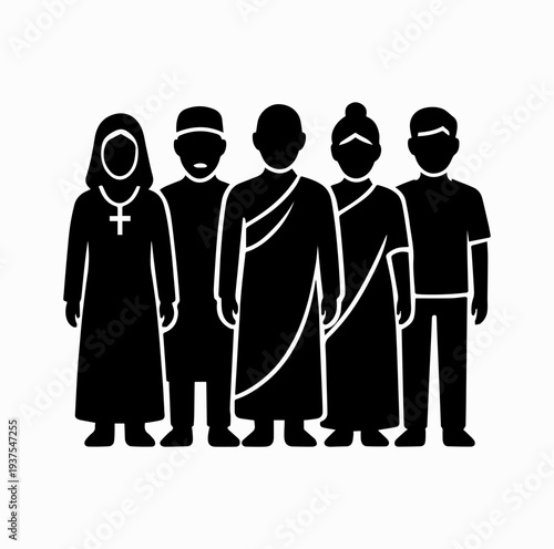People of Different Religions Standing Together Silhouette Vector