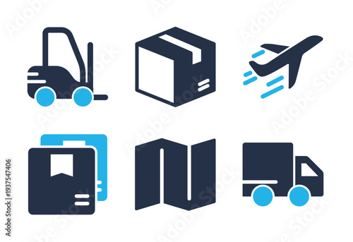 Transportation and Goods Distribution icon set. Solid glyph series icons