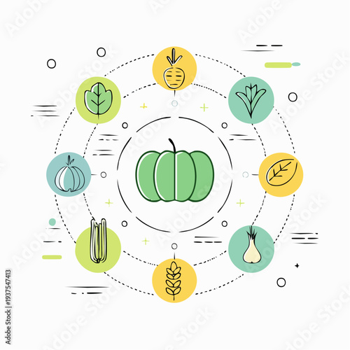 A green pumpkin surrounded by various vegetables and plants in a circular diagram illustration