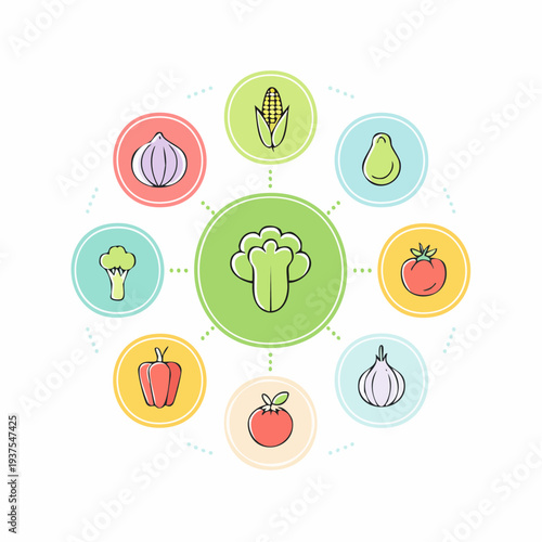 Assorted vegetables and fruits illustration showcasing healthy eating, nutrition, and food variety in a colorful graphic design.