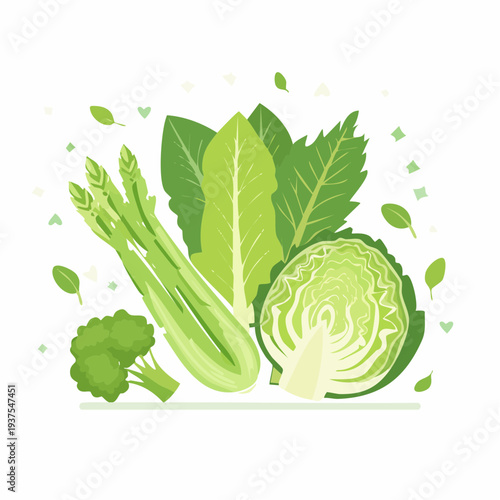 Fresh green vegetables including broccoli, asparagus, and cabbage leaves arranged in a decorative illustration style.