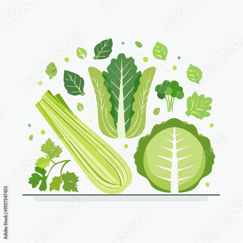 Fresh green vegetables and leafy greens arranged in a vibrant display of healthy eating surrounded by parsley and broccoli