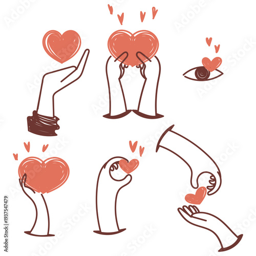 Collection of hand drawn doodle style illustrations featuring hands holding and making heart shapes. Represents concepts of love, care, charity, donation, mental health support, empathy, and wellness