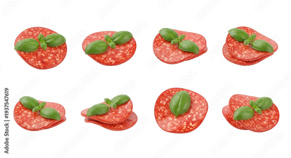 Naklejka premium sliced salami and fresh basil leaves arranged isolated on a white background delicious ingredients for food photography and culinary designs