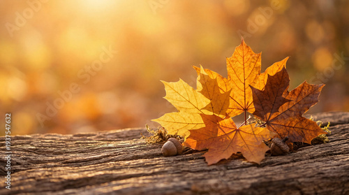Tableau sur toile A warm autumn photograph of vibrant maple leaves and acorns resting on a weathered wooden log with golden bokeh