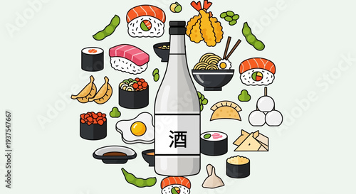 Japanese Food Assortment with Sake Bottle