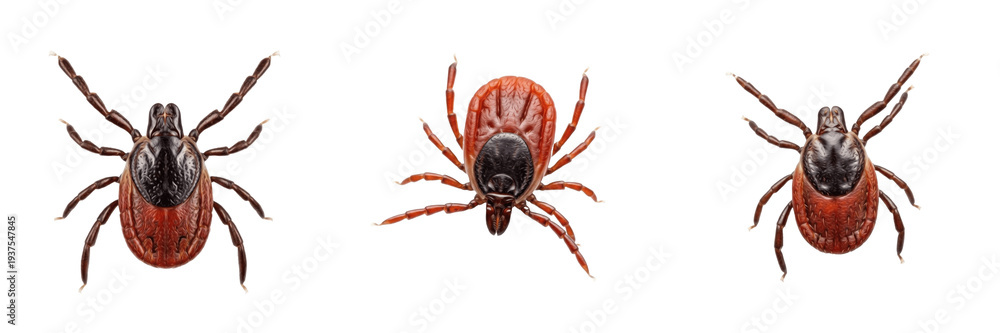Fototapeta premium Deer tick Ixodes scapularis isolated on white background, human parasite, blood-sucking tick, Lyme disease vector, tick macro photography, tick close-up, parasitic insect, Ixodes species, realistic ma