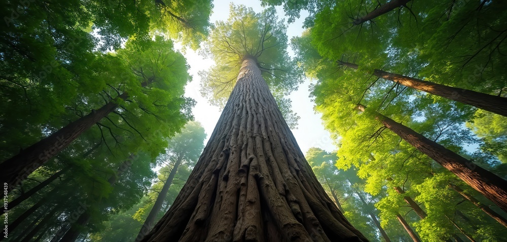 Naklejka premium Giant redwood tree trunk rises to green forest canopy. Sunlight shines through leaves. Nature, growth, and ancient wood create serene atmosphere. Tallest tree ever seen.