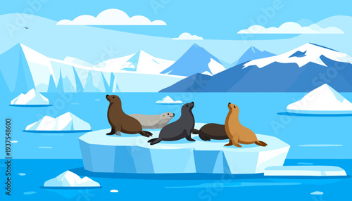 Seals on Iceberg in Arctic Landscape Illustration