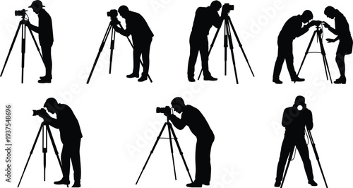 Professional photographer silhouettes with camera and tripod set, studio and outdoor photography shooting poses vector illustration isolated on white background