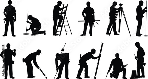 Surveyor and construction worker silhouettes with tripod level and measuring tools, engineering site inspection concept vector illustration isolated on white background