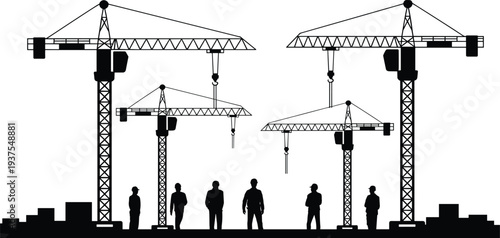 Tower crane and construction worker silhouettes at building site, urban engineering development concept vector illustration isolated on white background