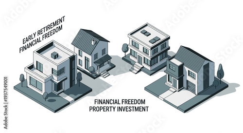 Isometric illustration of four modern houses representing financial freedom through property investment and early retirement.