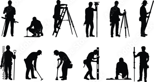 Surveyor and construction worker silhouettes with tripod level and measuring equipment, engineering site inspection activity vector illustration isolated on white background