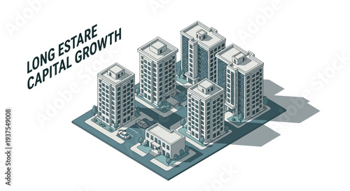 Isometric illustration of a city block with multiple tall buildings and a smaller structure, representing capital growth and urban development.