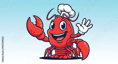 Cartoon Lobster Chef Character with Chef Hat and White Gloves.