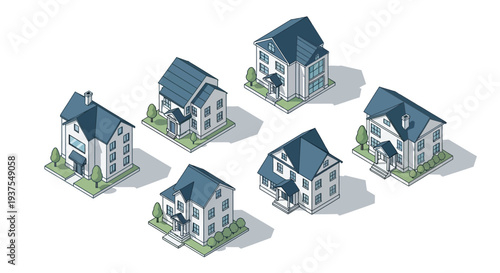A collection of seven distinct isometric houses, each with a white exterior and a dark blue roof, arranged in a circular pattern on a white background.