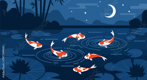 Koi Fish Swimming in Pond at Night