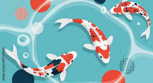 Koi Fish Swimming in Pond, Japanese Art Style