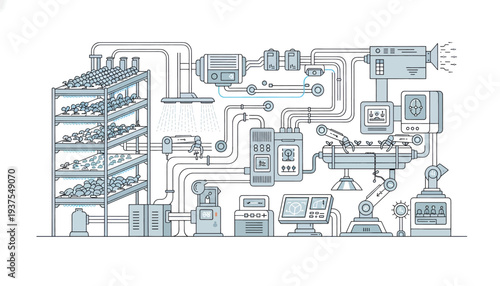Industrial facility with complex pipe network and machinery.