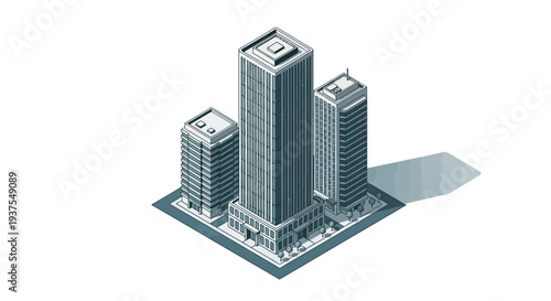 Isometric view of three modern skyscrapers with a shadow cast on a white background.