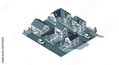 An isometric illustration of a suburban neighborhood with several houses and cars on a street.