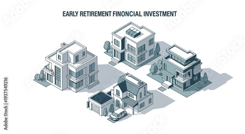 Isometric illustration of various residential houses and a car, representing early retirement financial investment and real estate.