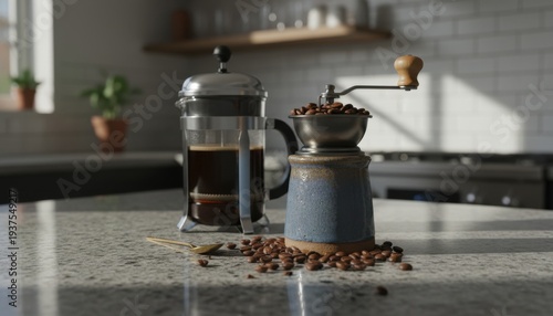 Artisanal coffee preparation with a vintage manual grinder and French press on a granite countertop