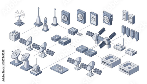Telecommunication infrastructure network diagram with satellite dishes and towers.